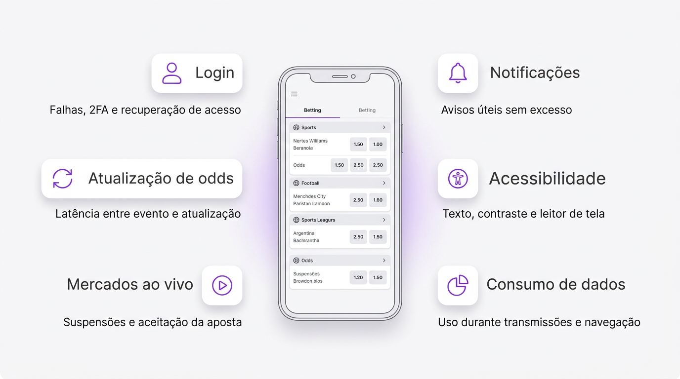 Funções de login, odds, alertas e acessibilidade em aplicativos móveis